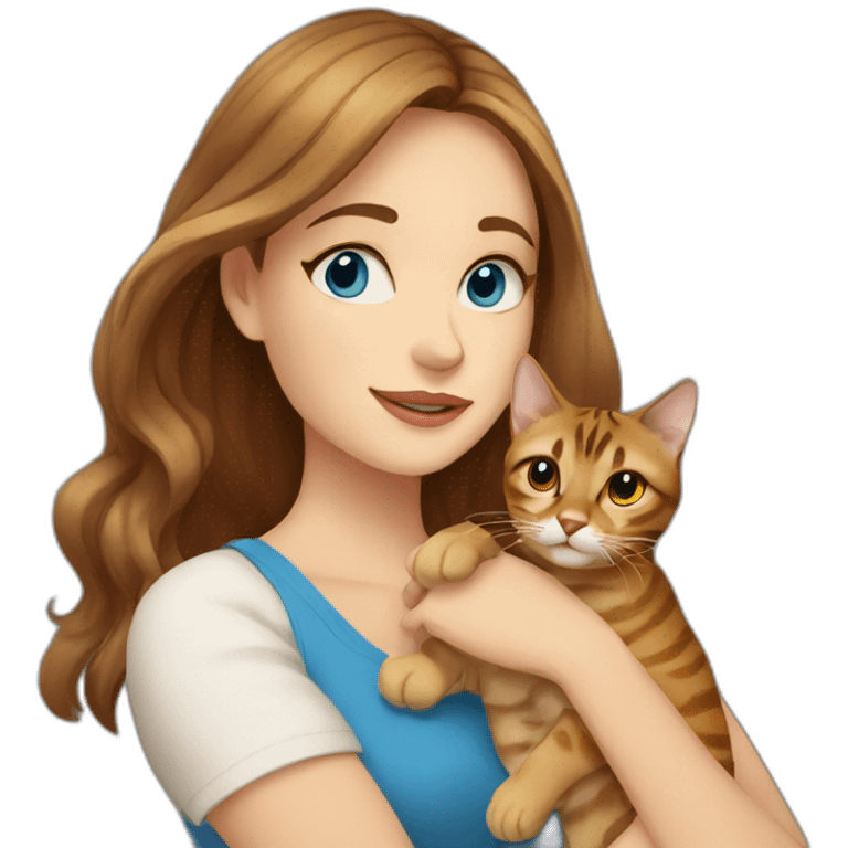 a beautiful girl with blue eyes and brown hair is holding a Bengal cat with yellow eyes in her arms emoji