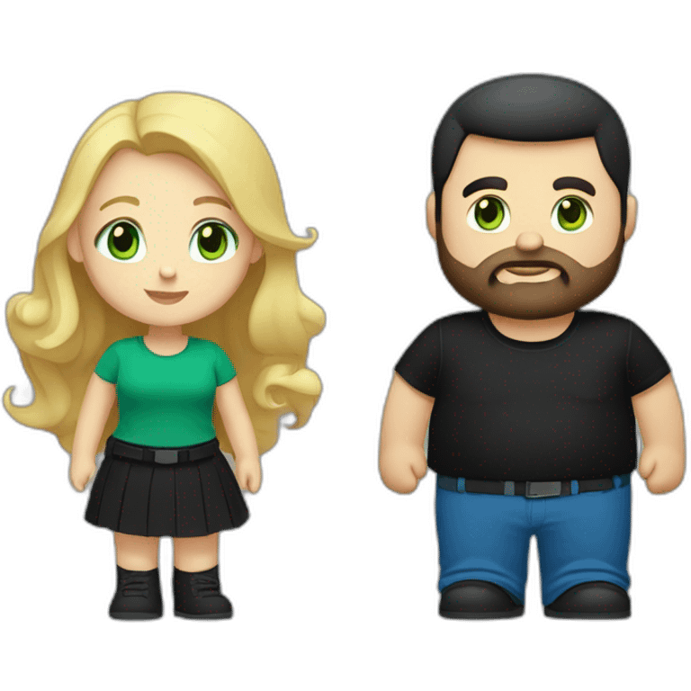 A blond chubby girl. She has blue eyes. A black haired and bearded man with green eyes. The man wears a black t-shirt. The woman is wearing a black skirt and a blue shirt emoji