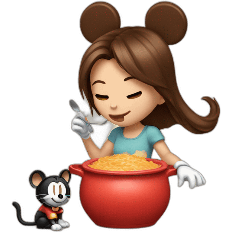 Woman medium brown half tail hair,eating A pot of spread,  with mickey mouse ears, near to a cat emoji