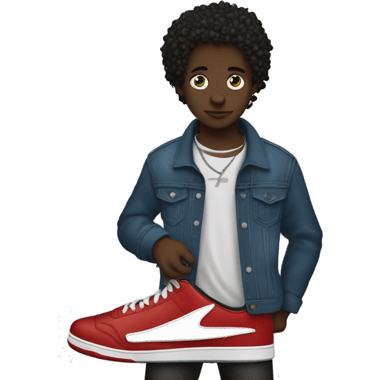  boy holding the red electric guitar. have green eyes and short curly hair.   nike jordan Travis Scott shoes.  blue jeans The boy is not white however not so dark.  emoji