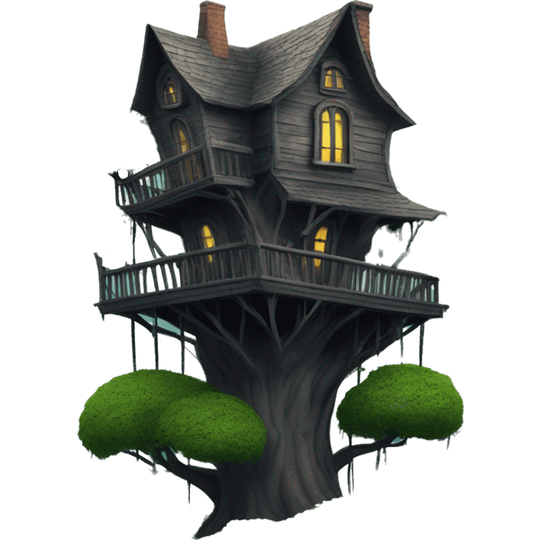 Fantastic haunted Addams tree house overgrown on a hill  emoji