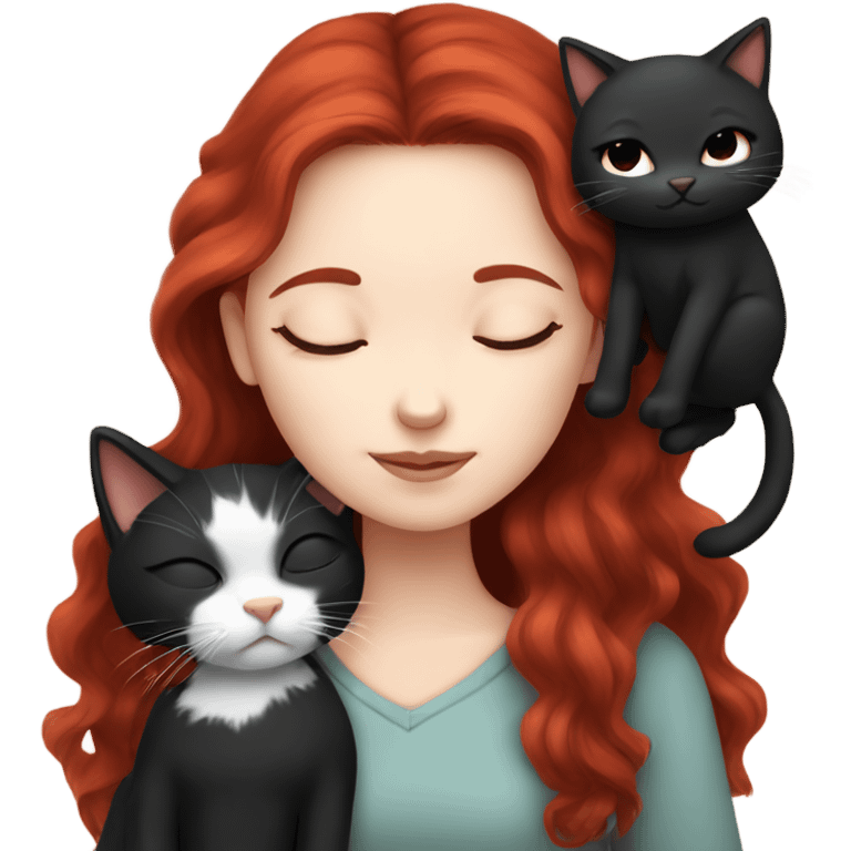 White skin dark red haired girl sleeping with a black kitten emoji