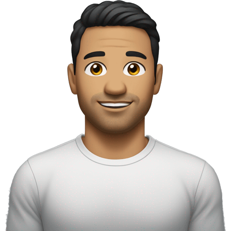 A head and shoulders shot of a 32 year old Latino man, with short black hair,   with brown eyes wearing a t-shirt. emoji