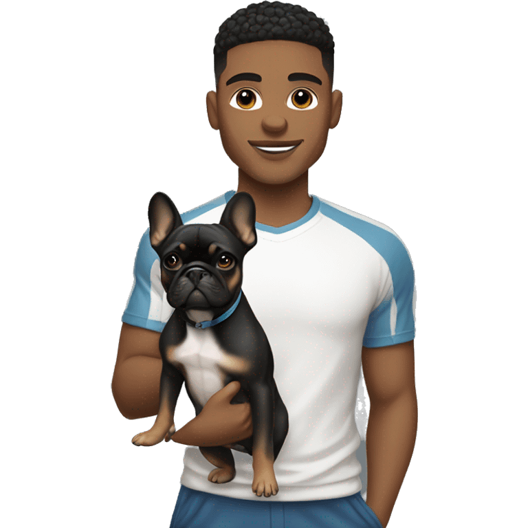 athletic light skin male with short black fade hairstyle holding a french bulldog emoji