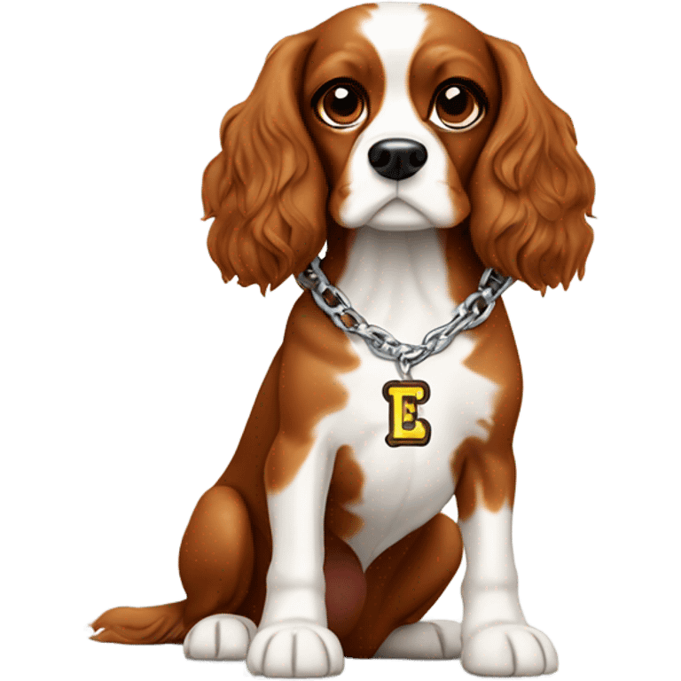 a cavalier spaniel dog wearing a chain that says “pleej” emoji