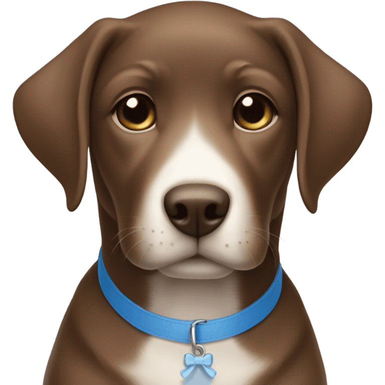 Brown lab puppy with small white patch on chest and subtle blue collar emoji