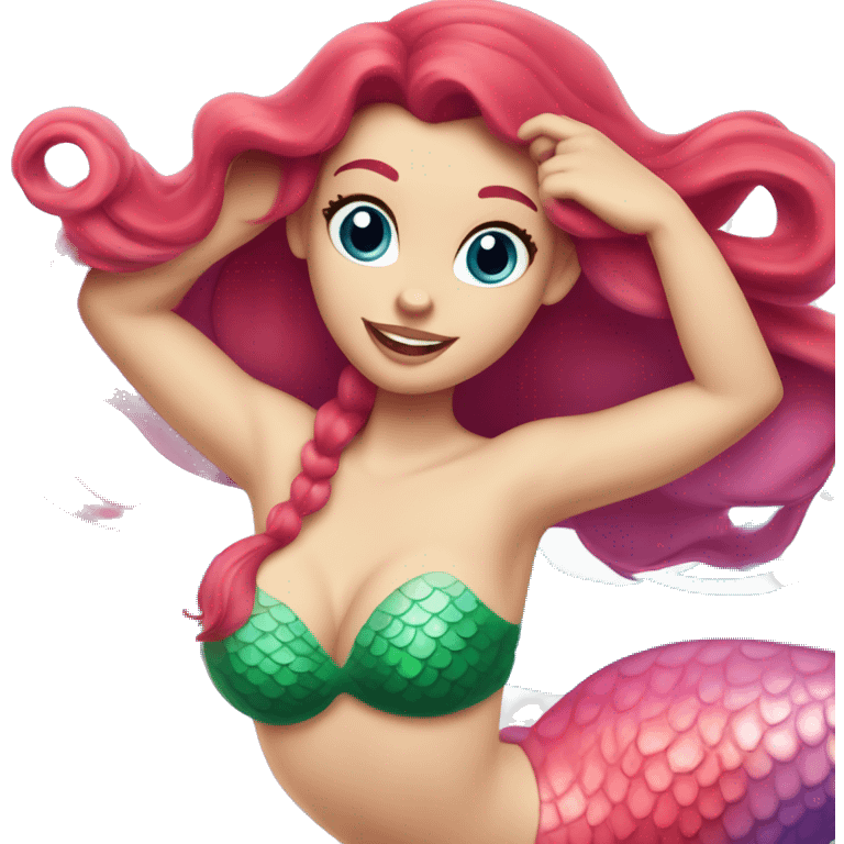 Ariel the mermaid swimming. Her tail is green, her bikini top is purple, and her hair is bright red and wavy. She has pale skin and blue eyes. Her lips are pink. She is swimming. emoji