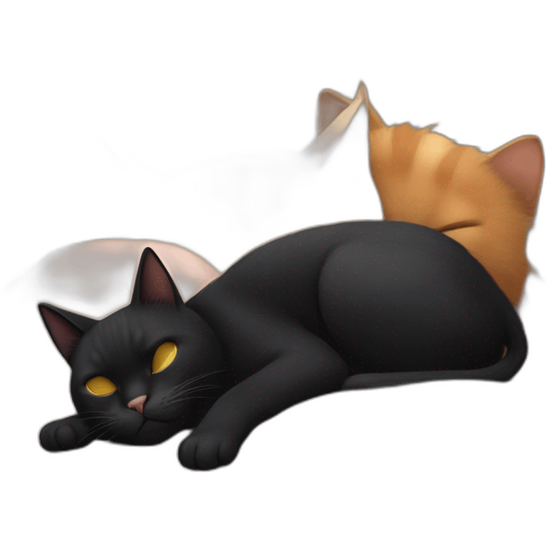 black cat causing havoc with tricolor cat sleeping besides emoji