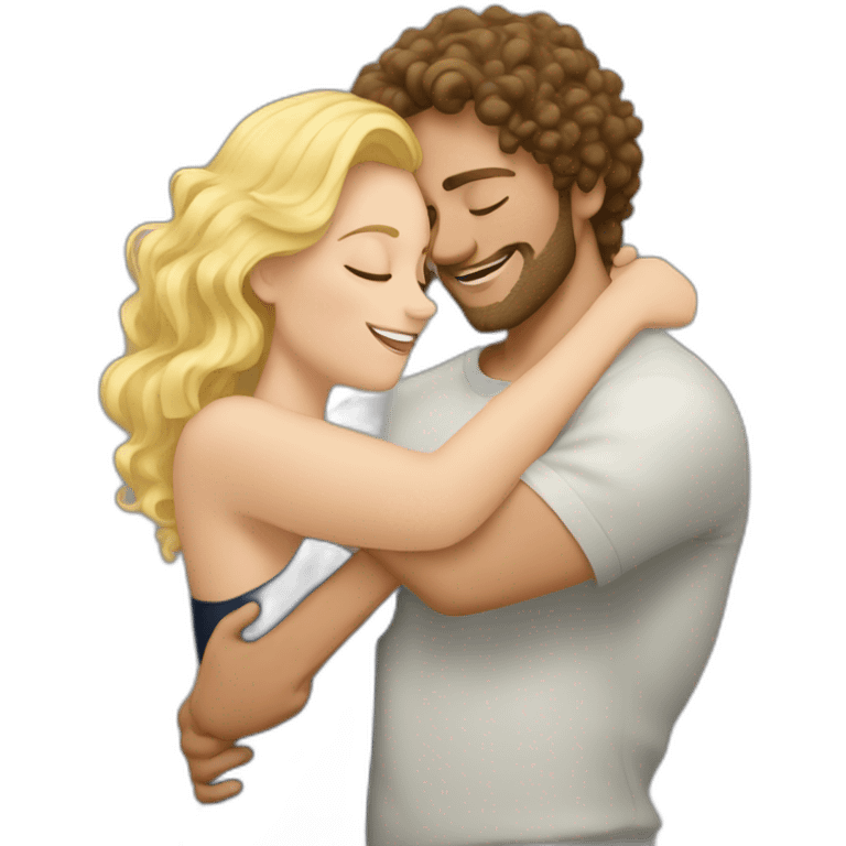 White man with dark curly men hugging a blonde curvy woman emoji