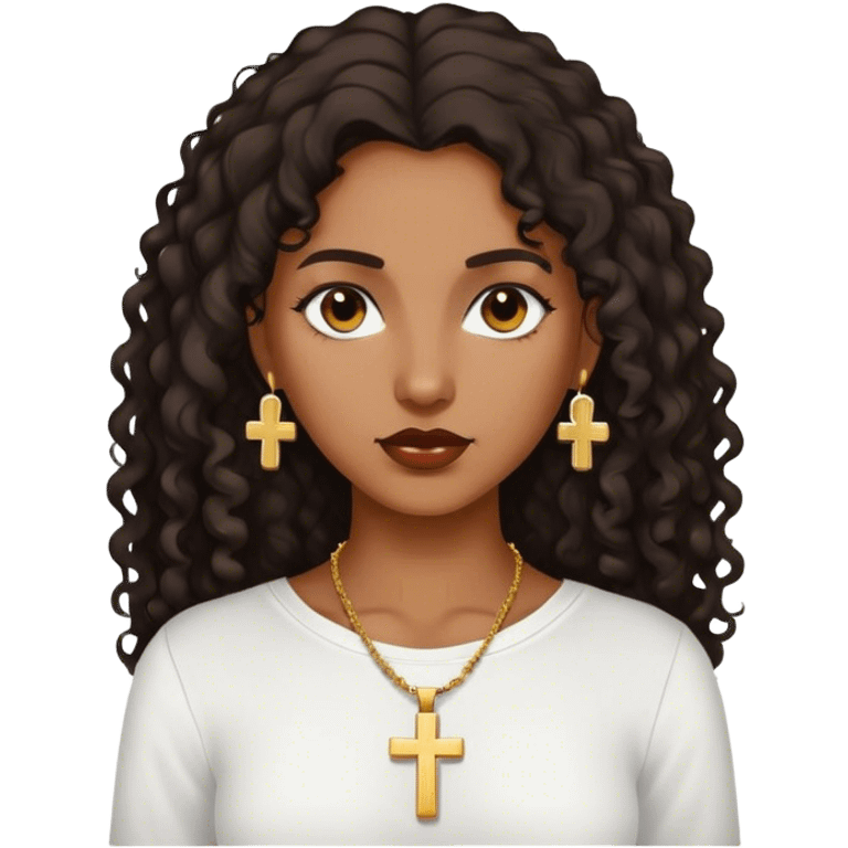 Dark Brown woman with dark curly long hair white shirt with gold small cross necklace emoji