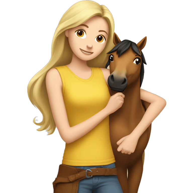 Brunette blonde girl wearing sleeveless yellow shirt snuggling brown horse emoji