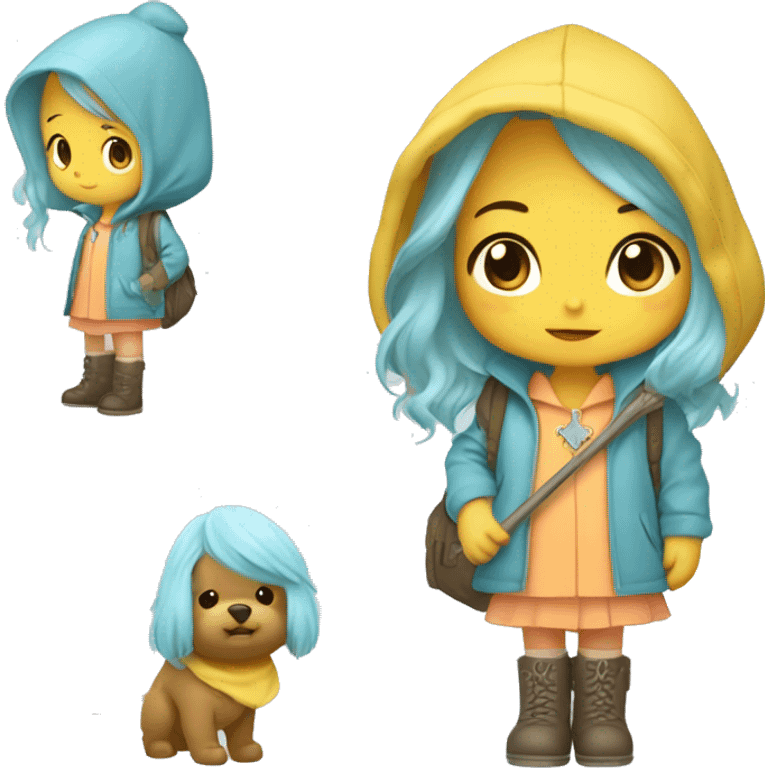 Cute little girl with light blue hair with peach skin, with yellow raincoat hooded with boots holding a shepherd staff, with a cross necklace, Sanrio design emoji