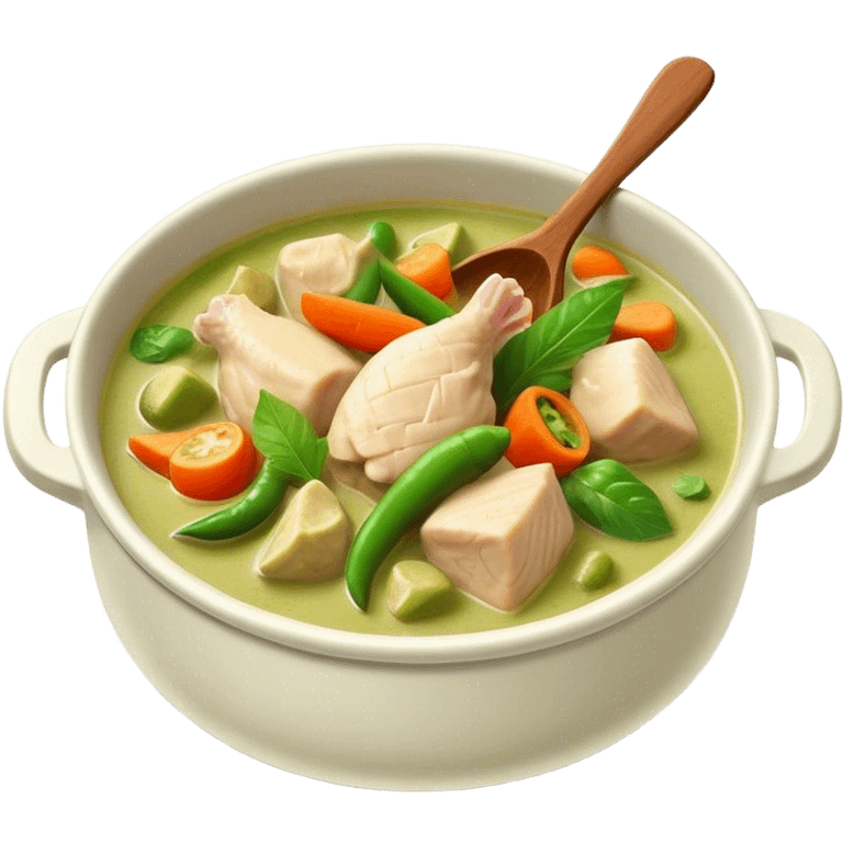 Green Chicken Curry Cinematic Realistic Green Chicken Curry Dish Emoji, depicted as tender chicken chunks simmered in a fragrant green curry sauce with vegetables, rendered with vivid textures and dynamic, vibrant lighting. emoji