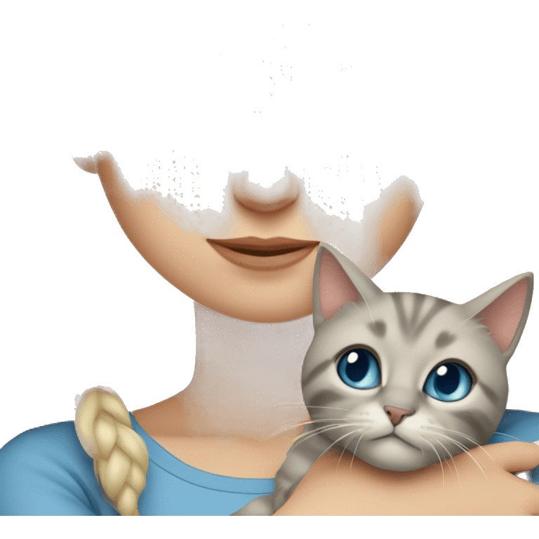 Blonde girl with blue eyes hugging a tabby grey-beige long-hair cat  emoji