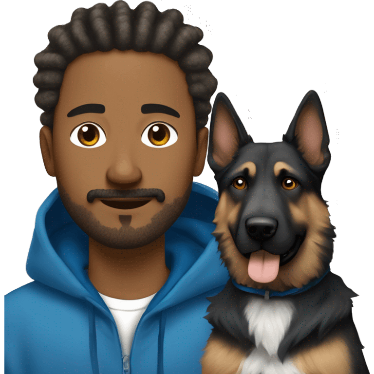 man with dreadlocks, mustache and goatee dressed in a blue hoodie alongside a brindle colored german shepherd dog emoji