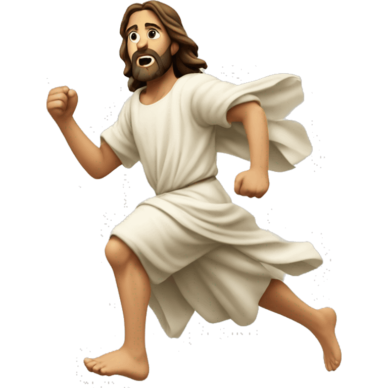 Jesus running quickly, focused face, with a large stride emoji