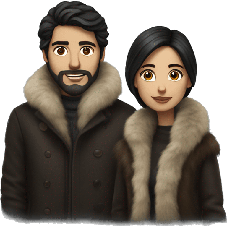 Realistic Dark haired couple in long fur coats emoji