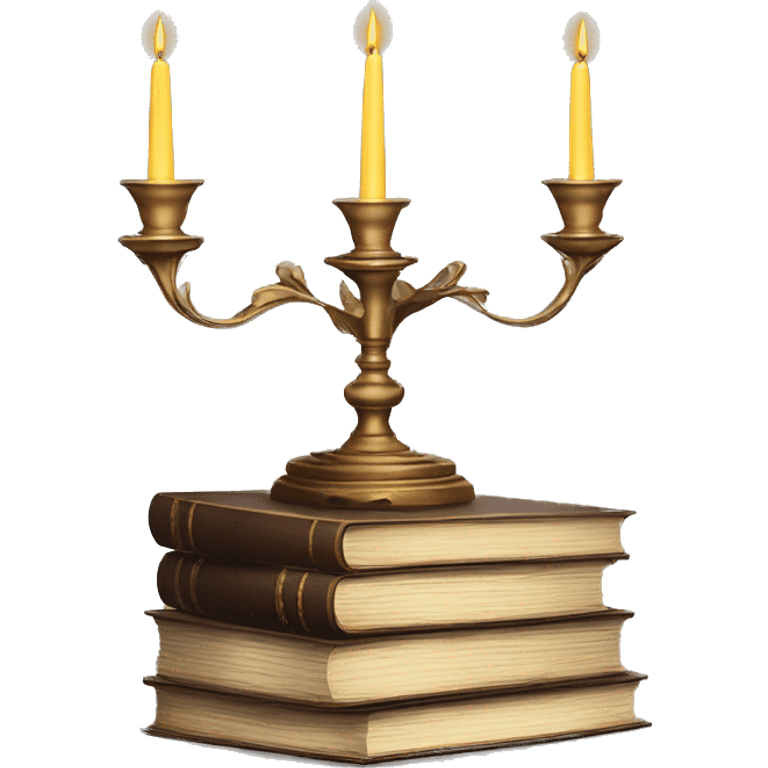 Vintage candelabra with stack of old books behind emoji