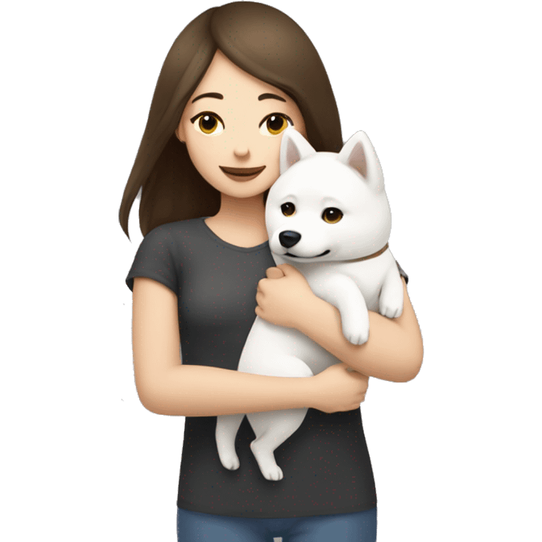 brunette girl hugs white Shiba Inu emoji