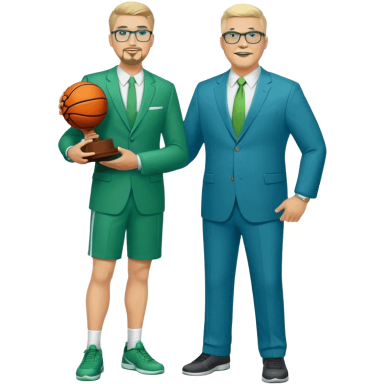 Full Body white male plus size wearing glasses with a goatee with light blonde and gray very short hair happy basketball head Coach in blue and green suit holding trophy emoji