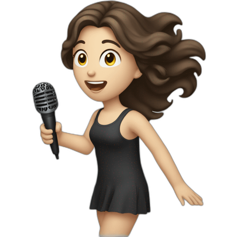 Caucasian girl with dark long Brown hair performing with a michophone singing emoji