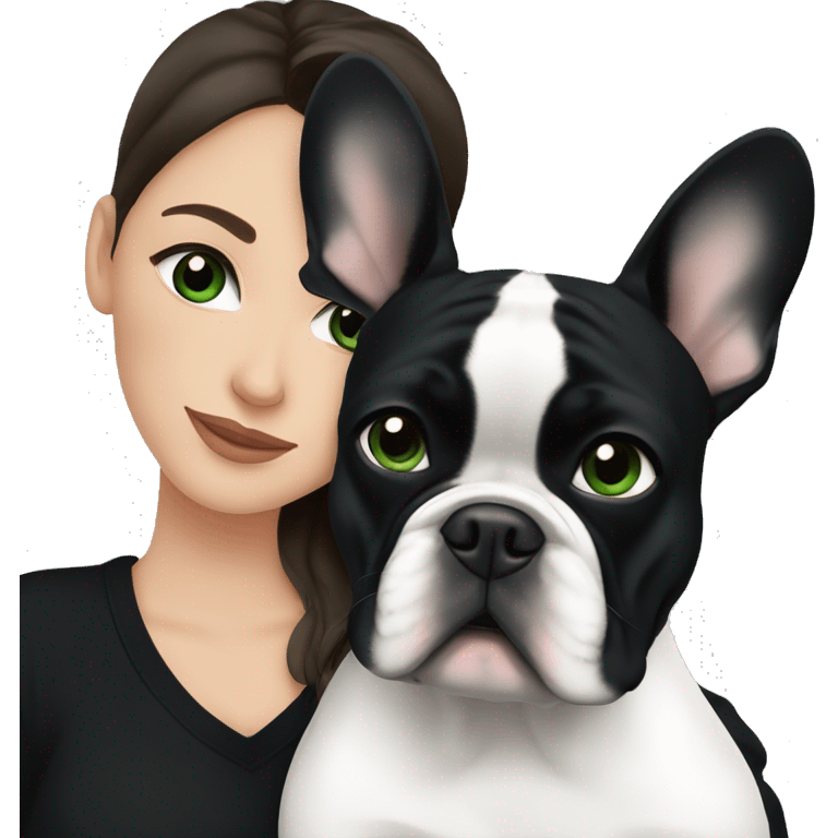 Brunette with dark green eyes in black sweater cuddling with her white and black(head is just black) french bulldog emoji