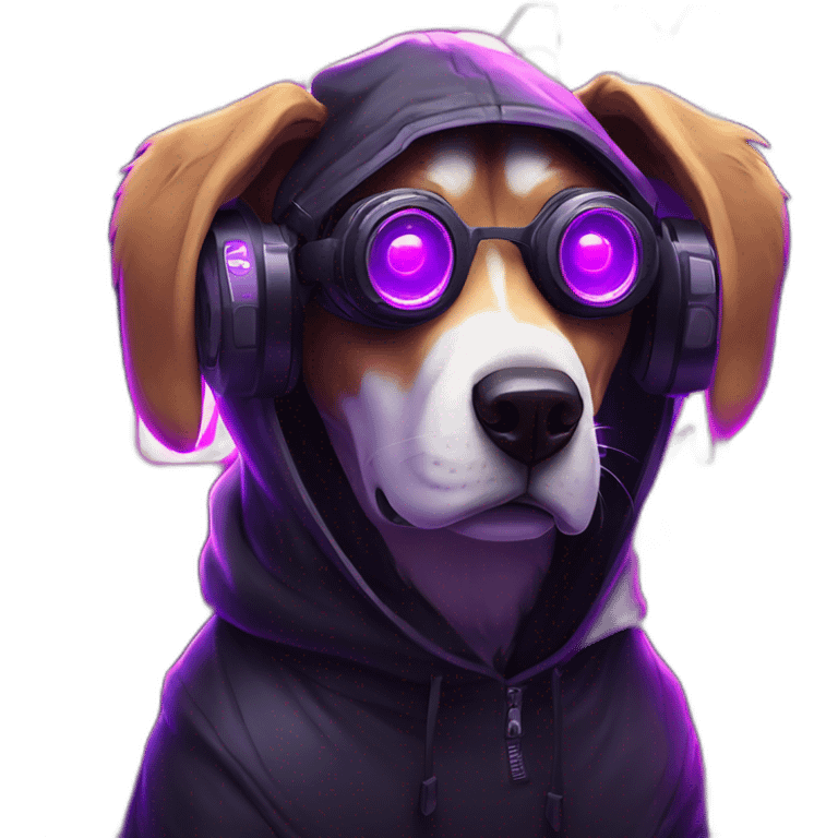 Russian dog wearing a black hoodie with "OMG" letters on it and VR headset in a cyberpunk VR environment with violet neon lighting. emoji