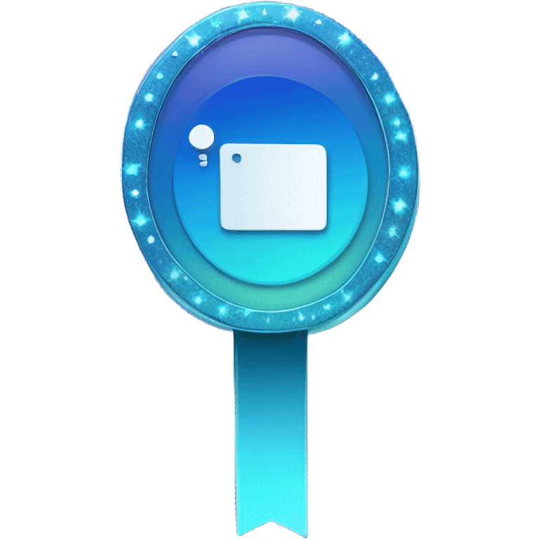 An elegant badge icon shaped like a news banner, with a gradient blue background, subtle sparkles, and a small microphone symbol to represent a fresh start for new members emoji