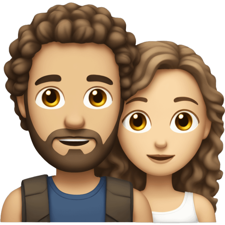 White woman with long dark curly hair cuddling with white guy with brown hair and beard emoji