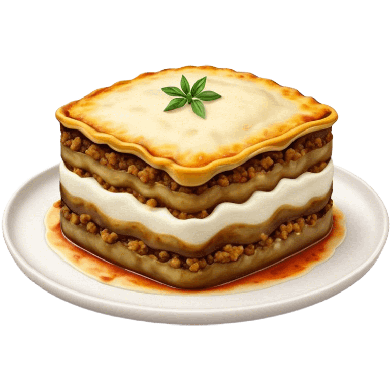 Cinematic Realistic Moussaka Dish Emoji, depicted with layers of eggplant, minced meat, and b√©chamel sauce rendered with rich textures and warm, inviting lighting that captures its Mediterranean flavor. emoji