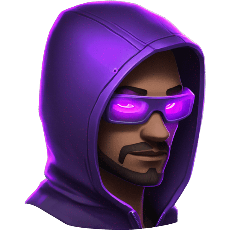 Hacker behind his laptop with this style : crysis Cyberpunk Valorant neon glowing bright purple character purple violet black hooded assassin themed character emoji