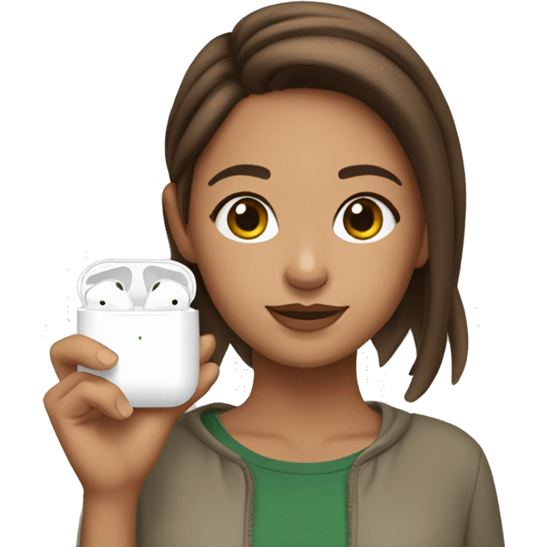 Girl with brown hair, brown eyes, put AirPods in her ears and also a matcha  emoji