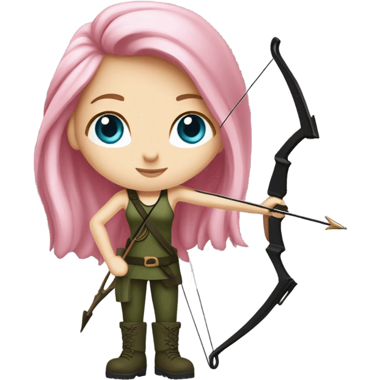 girl holding bow and arrow, long pink hair, blue eyes, white skin, army green cargo pants, black tank top, black combat boots, elf ears emoji