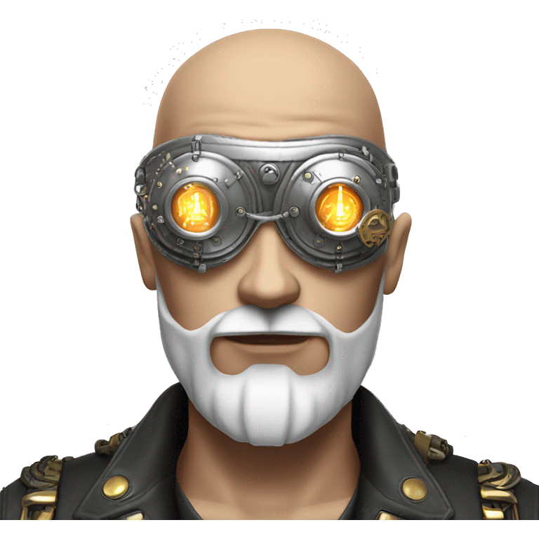 Bald cyborg head with silver steampunk goggles, white beard and circuits emoji