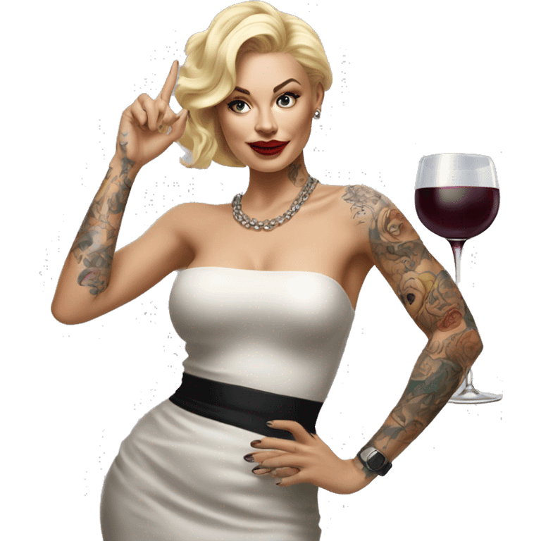 Blonde elegant women, her body covered with tattoos, wine in her one hand, Pointing Forward with her Other Hand , Hyper realistic emoji