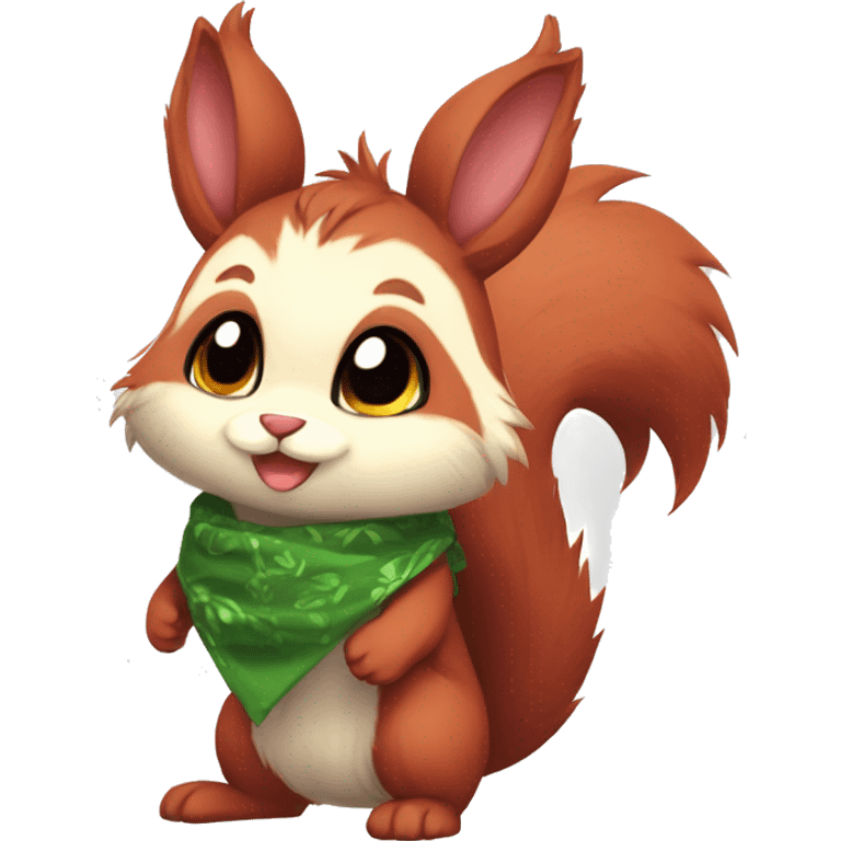 Cute, Chibi, chubby, fluffy, Kemono-style, Anthro, Fur-Sona, Dark-Red, Squirrel-Rabbit-hybrid-Fakémon, with a green bandana, full body emoji