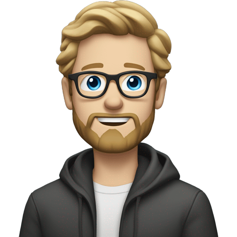 white guy with beard, dark blond hair brad pit style square glasses blue eyes in a light black jacket with white undershirt waving hello emoji