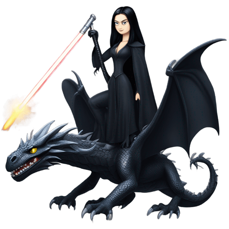 Determined and beautiful armored teen Morticia Addams Jedi riding on the back of a giant black dragon emoji