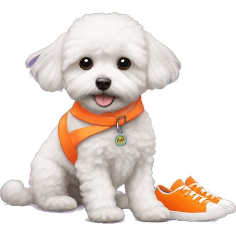 maltipoo wearing four neon orange shoes  emoji