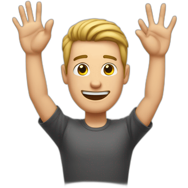 white man with hands crossed in front of chest. Hands in the air and 2 fingers on each hand sticking out emoji