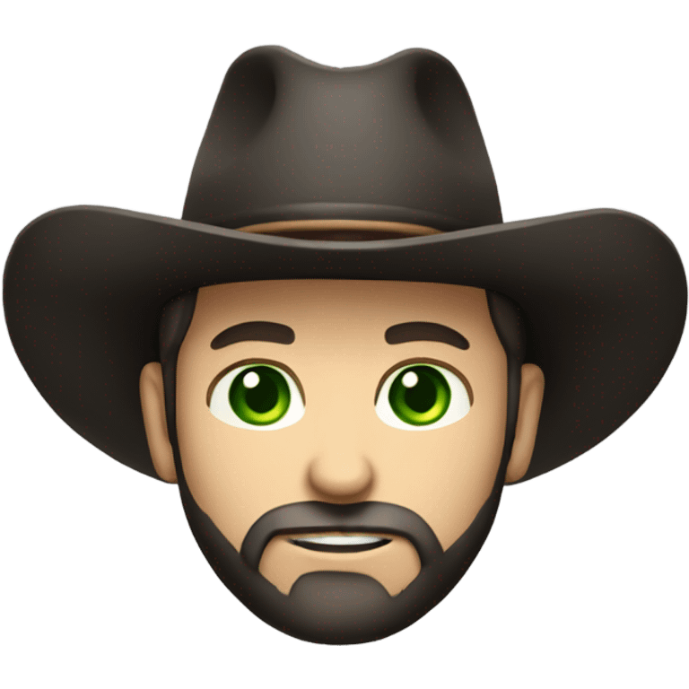 Caucasian male with green eyes, a dark beard dressed as a cowboy with short hair wearing a western hat black emoji