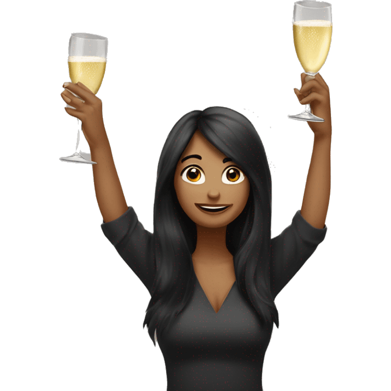 Funny woman with black long hair drinks champagne and otherhand raised up high emoji