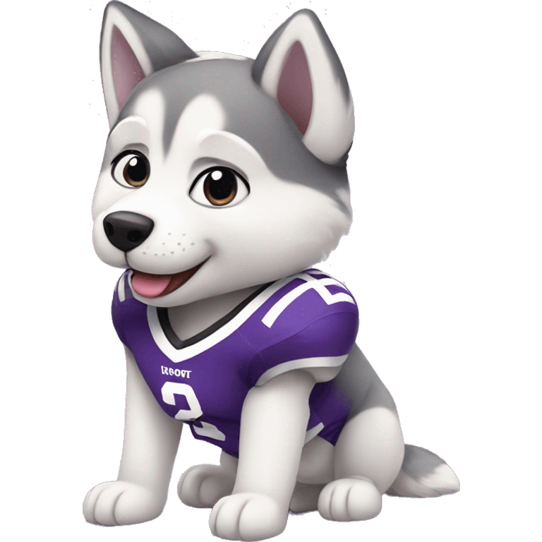 cute fluffy baby husky wearing a purple football jersey emoji