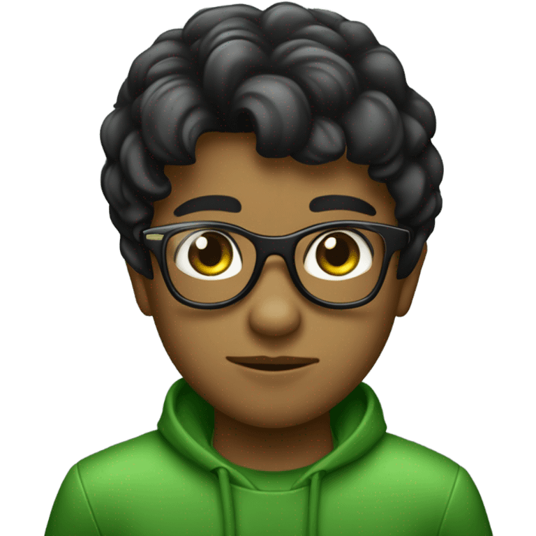 niño, gafas verdes, cabello negro, ojos oscuros emoji