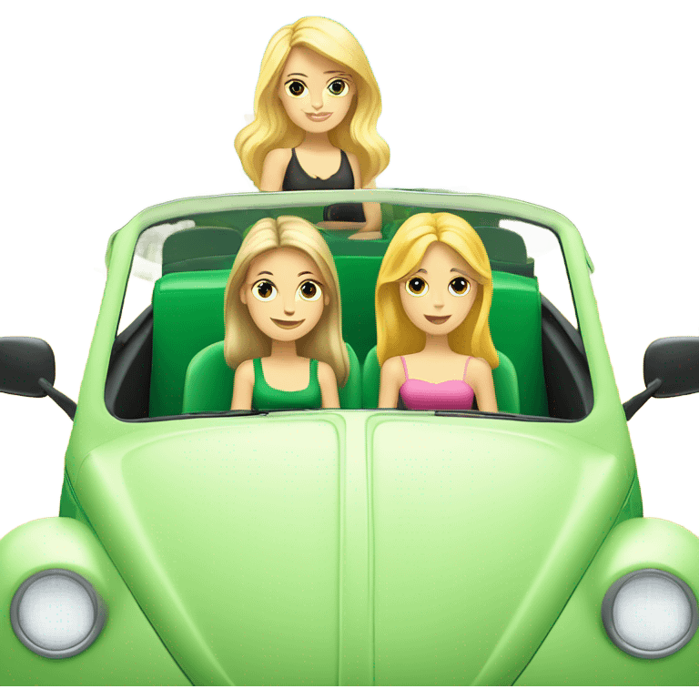 Two Caucasian blonde girls and two Caucasian brunette girls in a green VW beetle convertible emoji