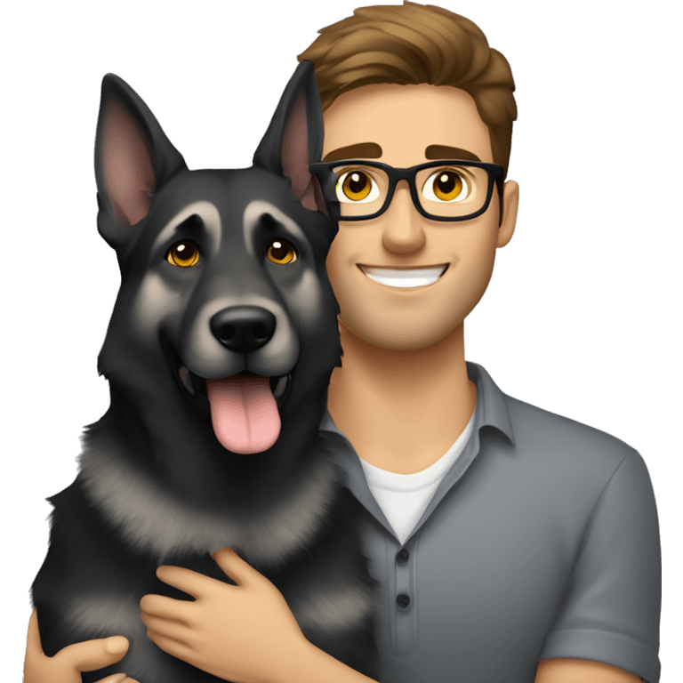 a handsome guy with brown hair, black thin stylish glasses and (grey eyes) hugging the grey german shepherd (yellow eyes) emoji