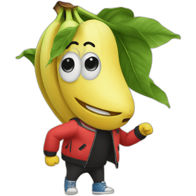 Banana with cute face smiling wearing a red jacket with black sleeves emoji