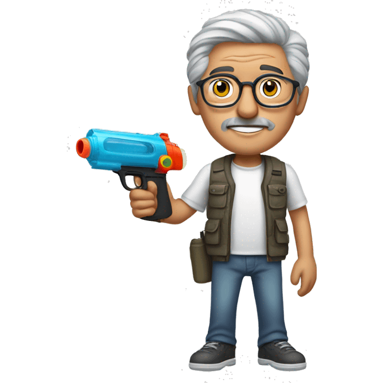 Turkish man with grey hair and glasses and white t-shirt pointing a water gun with one arm while standing emoji