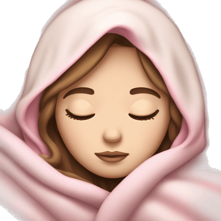 pale skin brown haired girl with white and pink blanket around head with eyes closed sleeping emoji