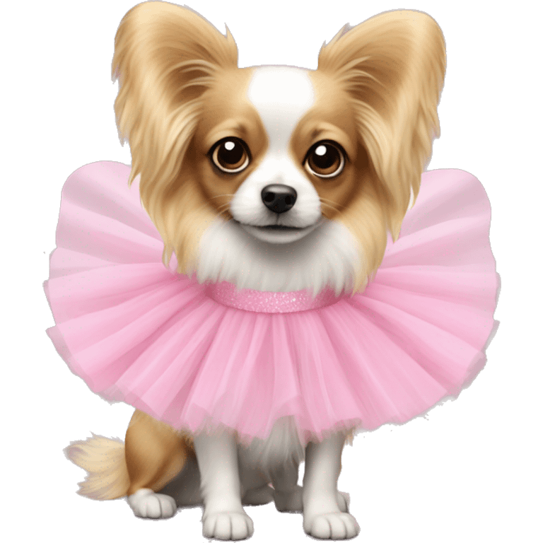 Blonde papillon dog wearing pink tutu emoji